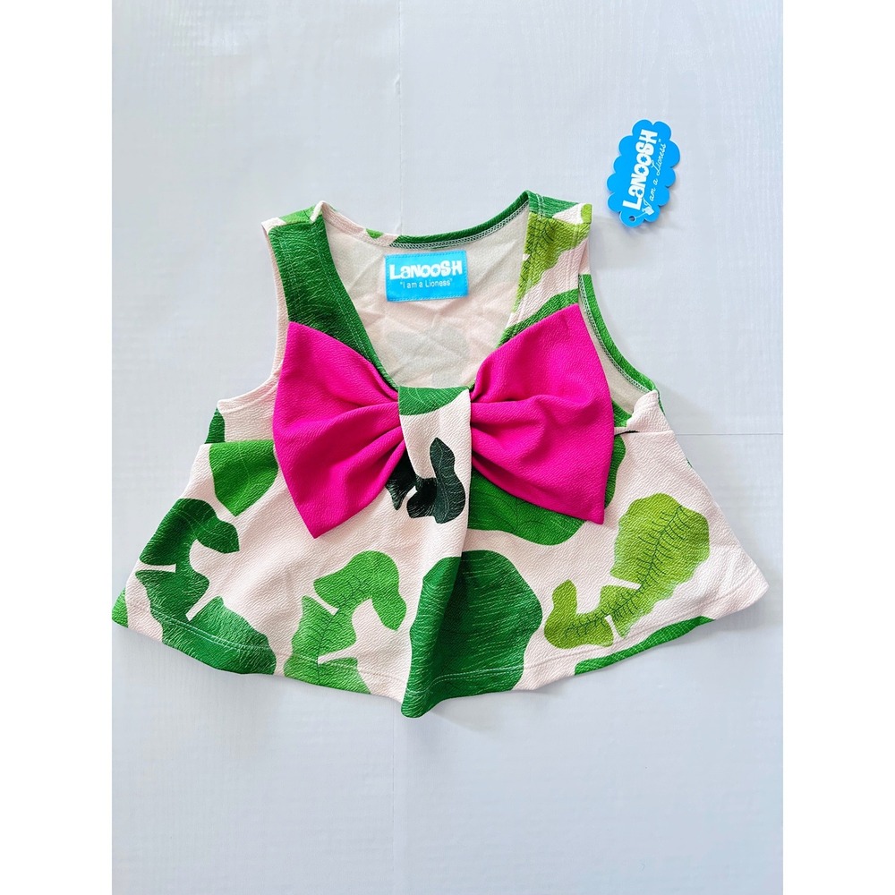 Lanoosh Girls Pink Green Abstract Bow Peplum Top Sleeveless Size 3T NWT